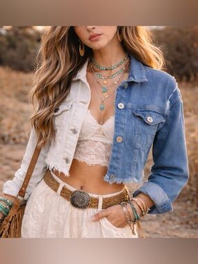 Spoon Jeans Two-Tone Y2K Style Cropped Denim Jean Jacket | Medium